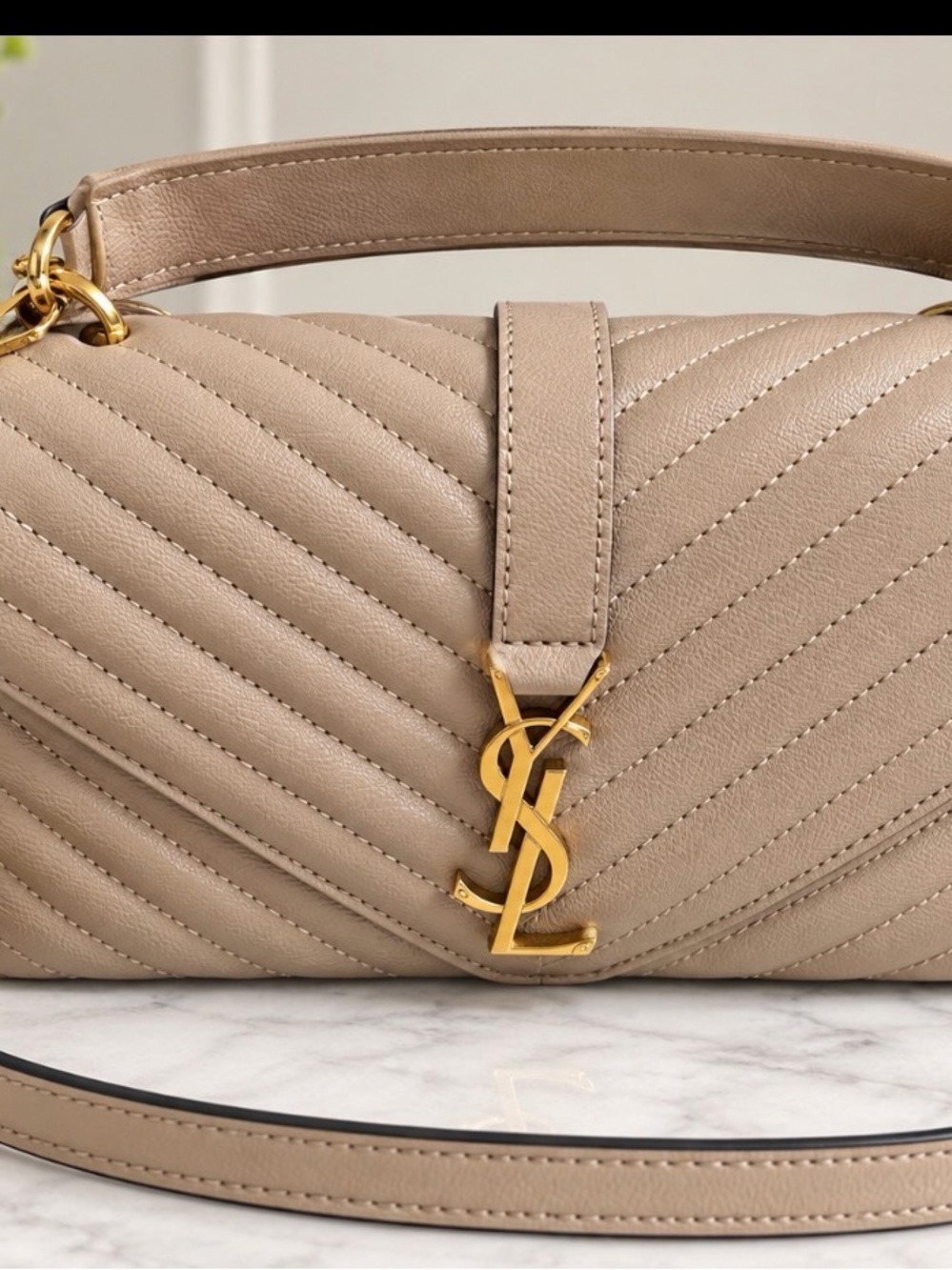 Saint Laurent Beige Chevron Quilted Leather Shoulder Bag with Gold YSL Hardware